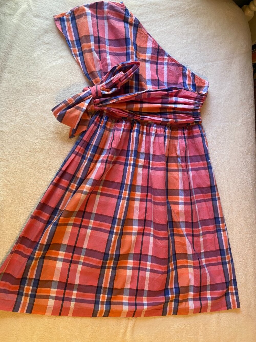 Asos pink, blue, and orange plaid one-shoulder dress with tie, size 10